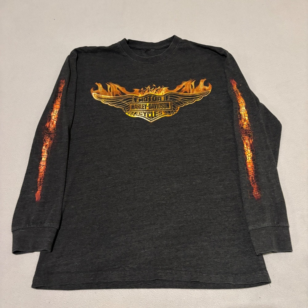 Harley Davidson Long Flame Sleeve Shirt Mens Medium Charcoal Grey‎ Biker Grunge